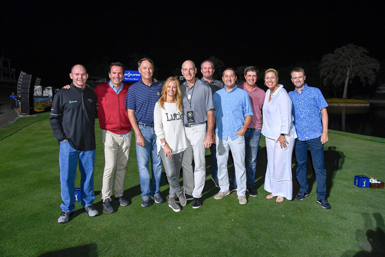 Tommy Gainey, Len Mattiace, Davis Love, Tabatha and Jim Furyk, Michelle McGann and Russell Knox at the Furyk and Friends charity shootout at TPC Sawgrass